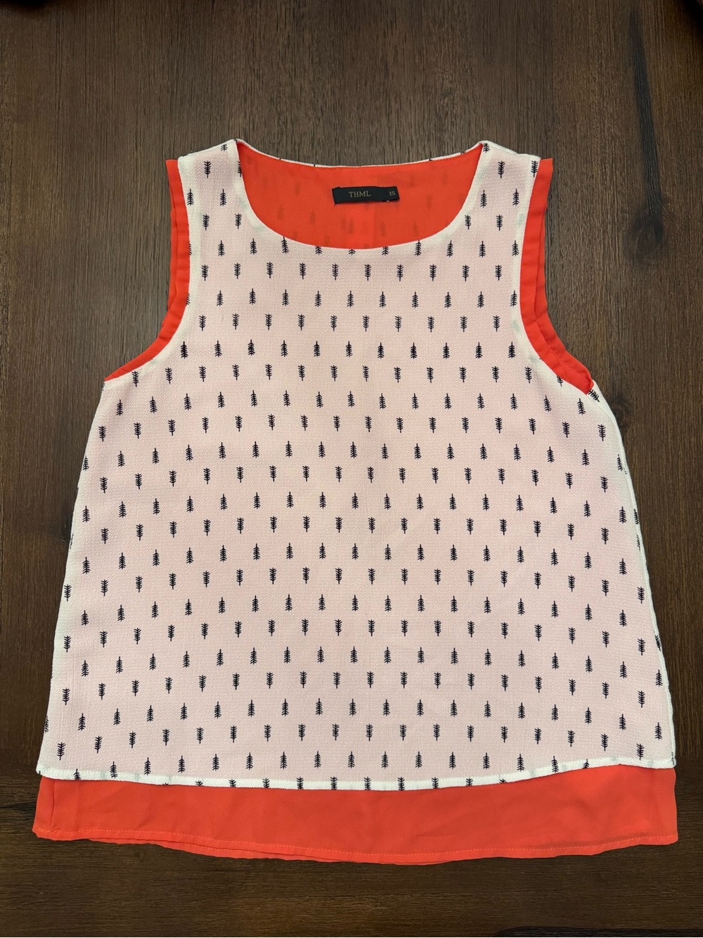 THML Women’s XS Sleeveless Mesh Blouse White Black Tree Print Neon Orange